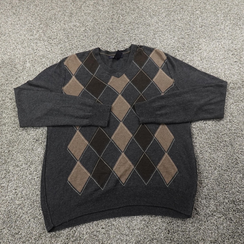 Banana Republic Sweater Mens M Brown Silk Cashmere Argyle Pullover V Neck Soft